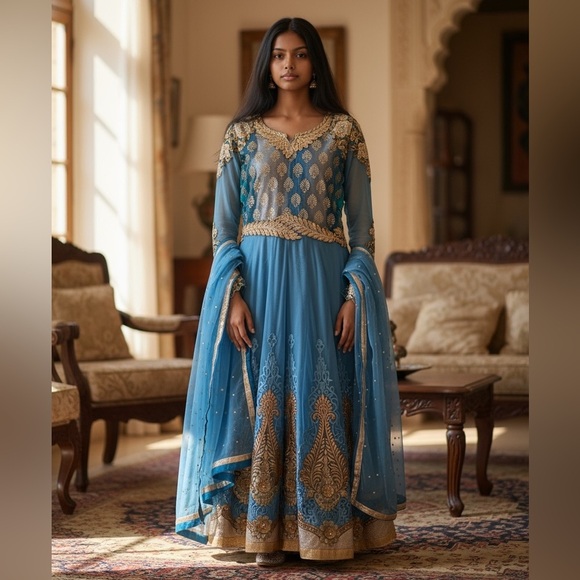 Indian Designer Light Blue Velvet Ombre & Net Anarkali - Picture 3 of 5